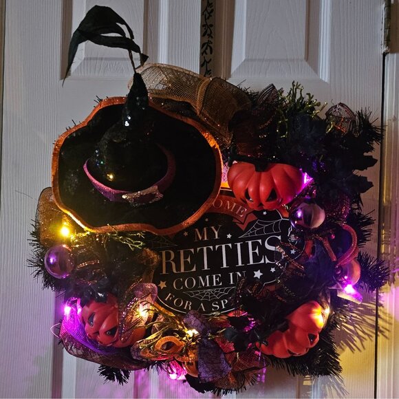 Halloween Wreath Witch Hat Door Decor Light Up Purple Pumpkins Spooky Handmade - Picture 3 of 9